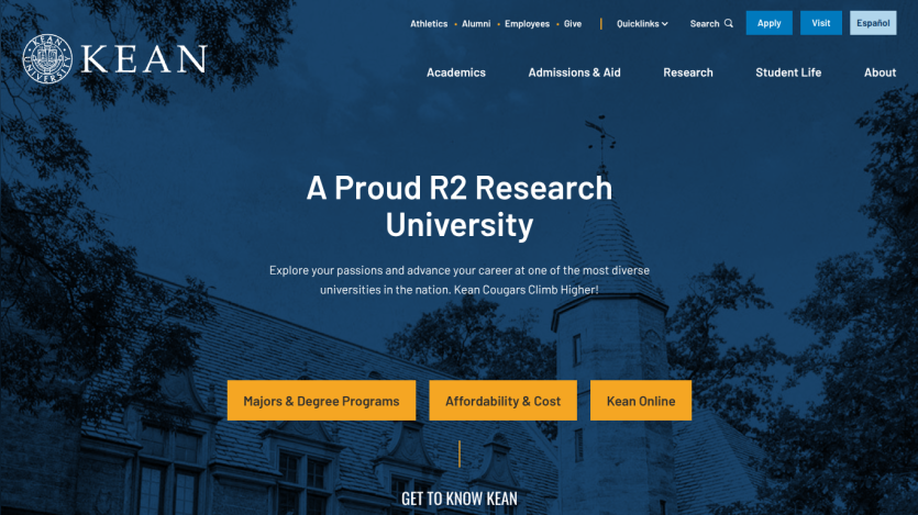 Homepage of Kean University highlighting its status as an R2 Research University.