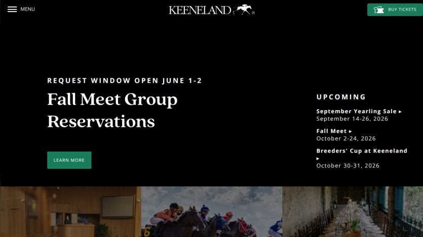 Keeneland website featuring Fall Meet Group Reservations and upcoming events.