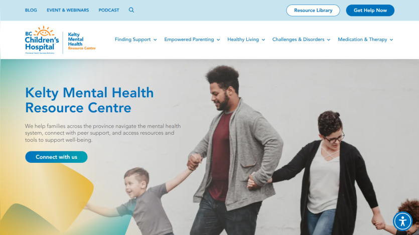Kelty Mental Health Resource Centre homepage offering support for families with mental health navigation and peer support