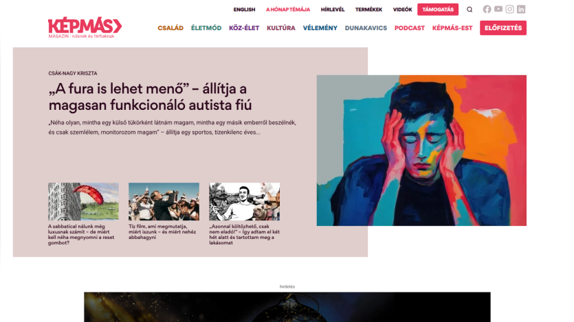 Képmás magazine homepage with article about a highly functioning autistic boy and related stories, colorful header and navigation