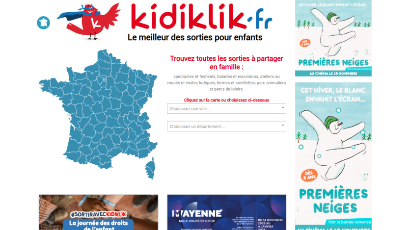 Kidiklik homepage showing a map of France for family outings and promotions for children's events and movies
