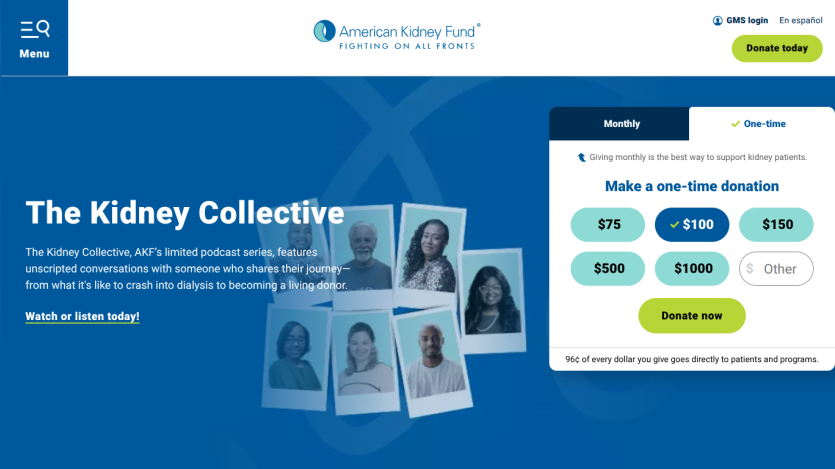 The Kidney Collective section promoting donations with options for amounts and a video link.