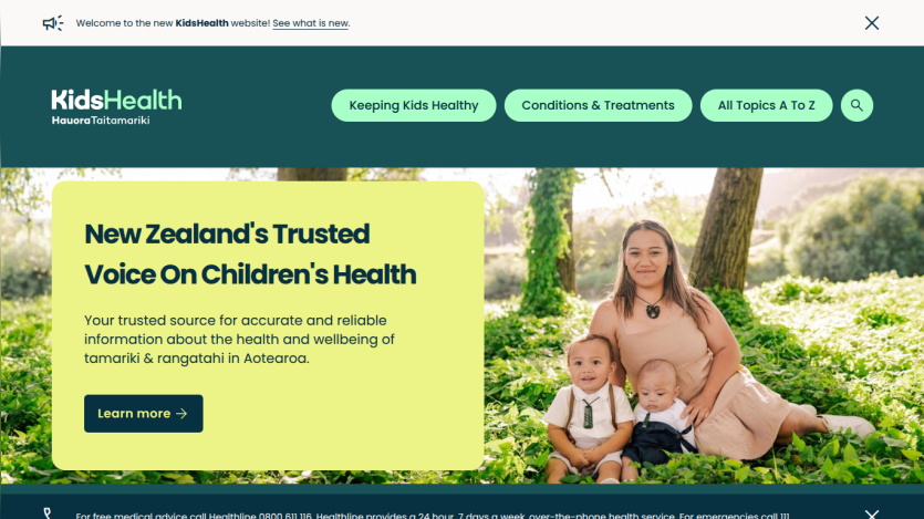 KidsHealth homepage with navigation and a hero section promoting trusted children's health information in New Zealand