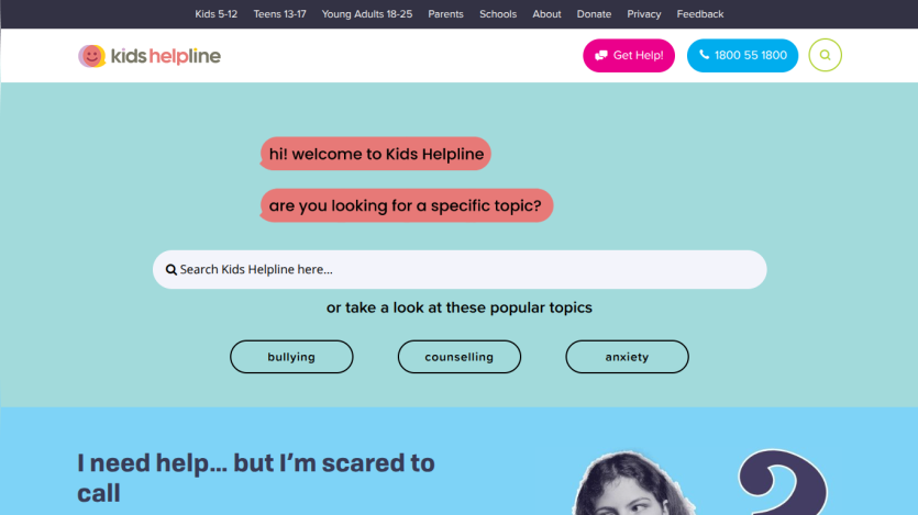 Homepage of Kids Helpline with welcome message and search bar for topics.