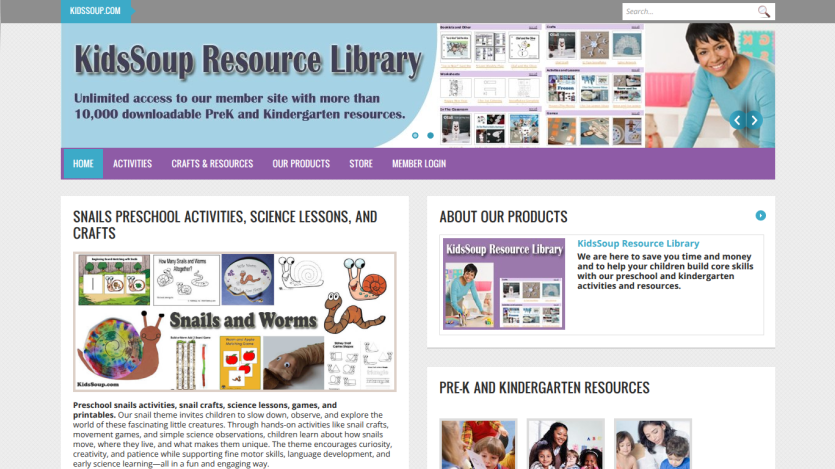 KidsSoup Resource Library homepage featuring educational resources for preschool and kindergarten.