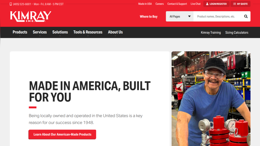Kimray homepage with slogan 'Made in America, Built for You' and a smiling worker in a factory setting