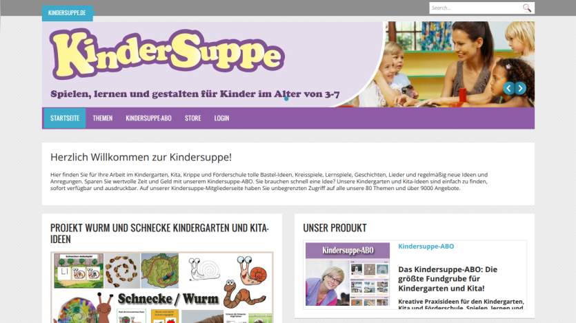 Homepage of KinderSuppe, welcoming users and showcasing educational resources for children.