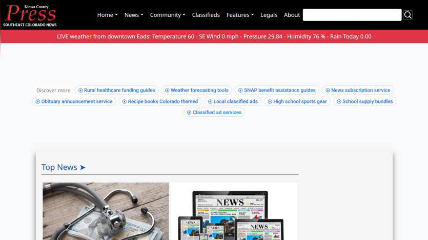 Kiowa County Press website with navigation menu, live weather update, and top news section featuring images