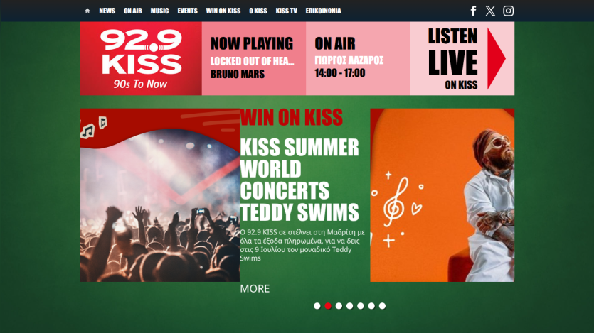 92.9 KISS radio homepage featuring concert promotions and live listening options.