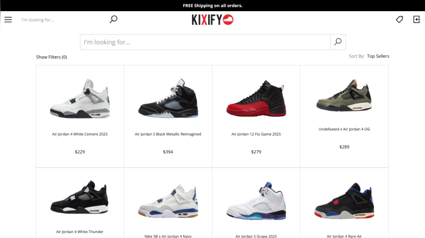 Grid of sneaker products with prices and search bar at the top.