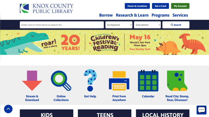 Knox County Public Library homepage featuring navigation and promotional banner for children's reading events.