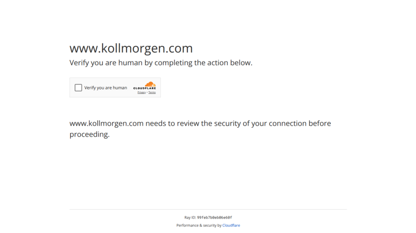 Kollmorgen homepage with navigation menu, hero text about precision motion, and product image of servo motors