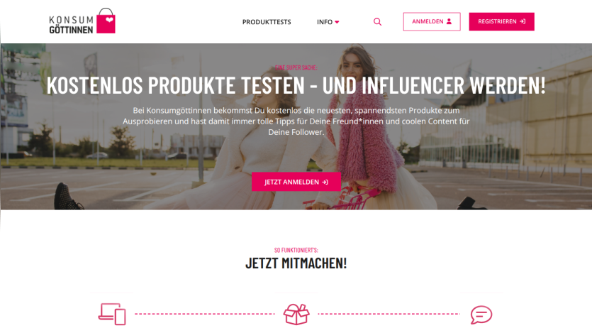 Website promoting free product testing and influencer opportunities with a call to action.