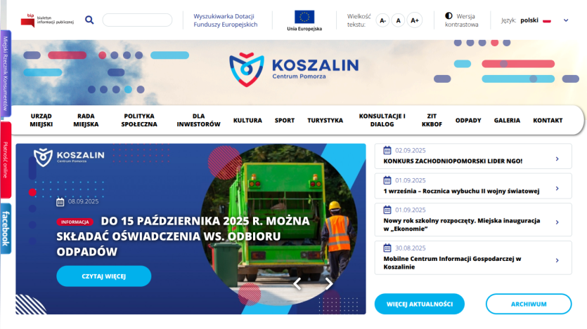 Homepage of Koszalin with a notice about waste collection and a green truck image.