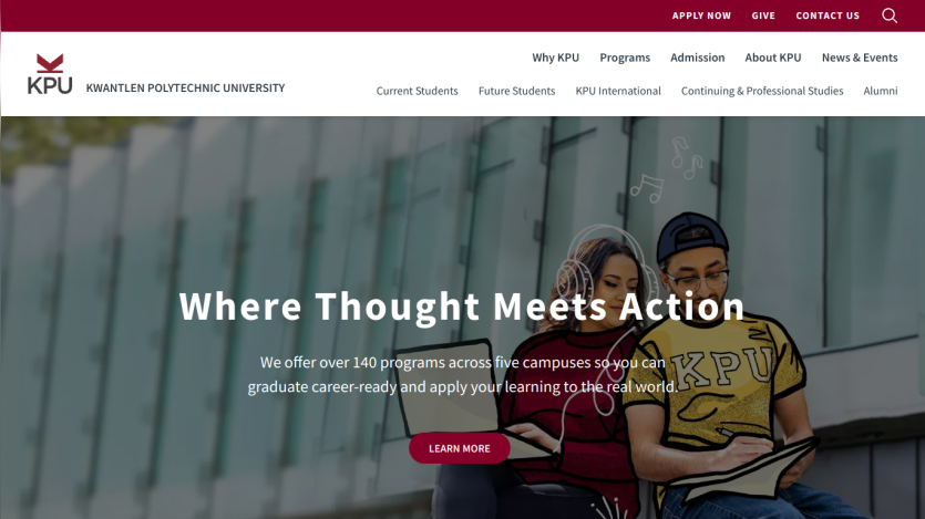 Homepage of KPU featuring a tagline and information about programs offered.