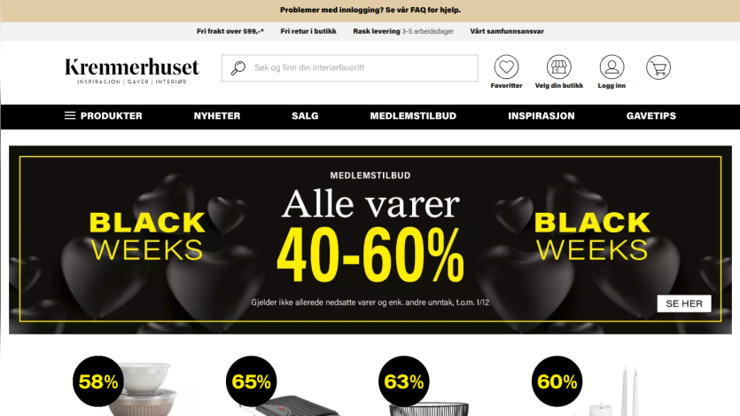 Kremmerhuset homepage with Black Weeks sale offering 40-60% off all items for members
