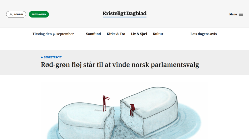 Article headline about the red-green coalition winning Norwegian parliamentary elections with an illustration.