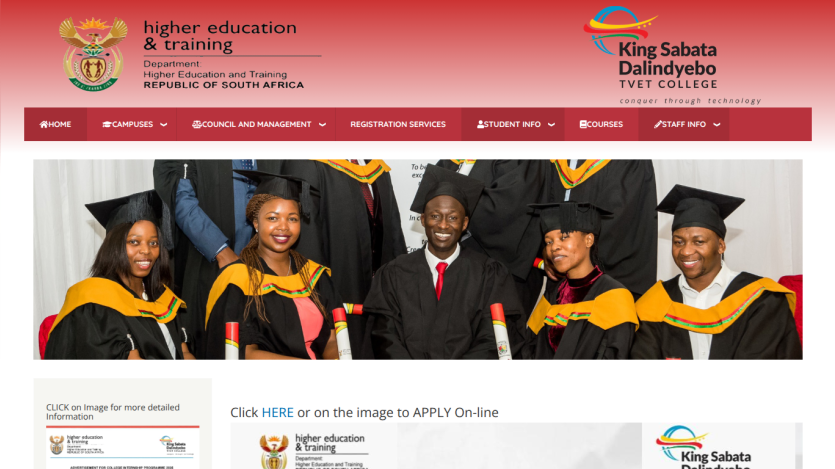 King Sabata Dalindyebo TVET College homepage with navigation and hero image of graduates in caps and gowns
