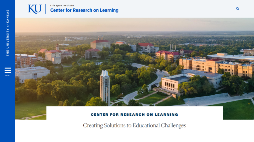 Center for Research on Learning homepage with a view of the campus and mission statement.