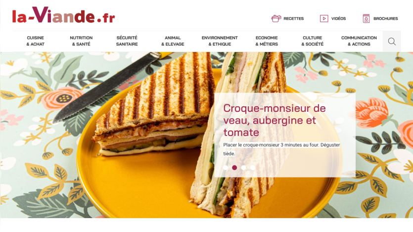 Website la-Viande.fr featuring a grilled veal, eggplant, and tomato sandwich recipe with navigation menu and search icon