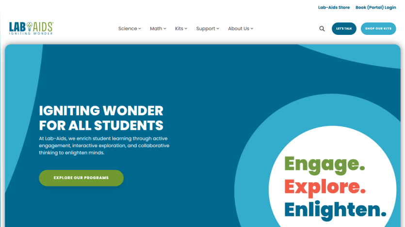 Lab-Aids homepage promoting student learning with active engagement, featuring Explore Our Programs button and tagline Engage Explore Enlighten