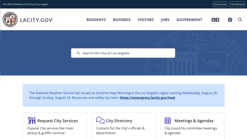 City of Los Angeles website with search bar and service links for residents and visitors.