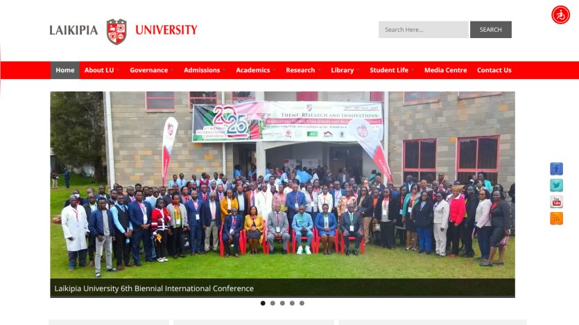 Laikipia University homepage with navigation bar and group photo promoting Bernal International Conference