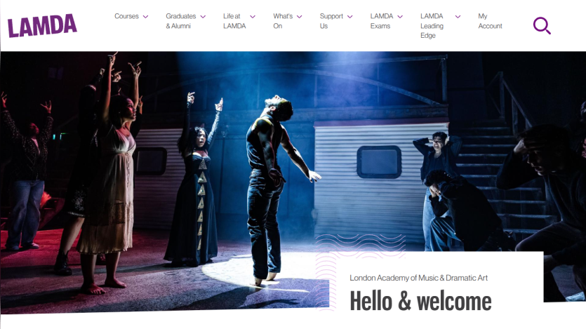 London Academy of Music & Dramatic Art homepage with actors performing and welcome message