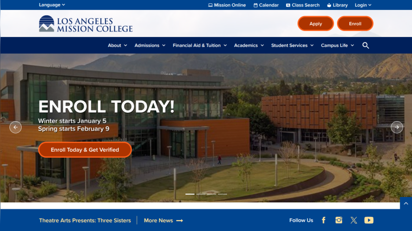 Los Angeles Mission College homepage with enrollment call to action and campus background