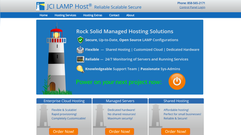 JCI LAMP Host homepage showing managed hosting solutions with features and order button