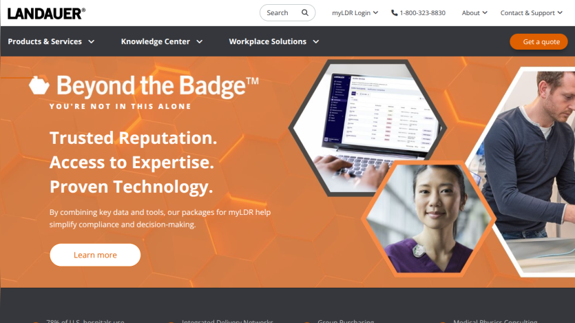 Landauer website hero section promoting Beyond the Badge with trusted reputation, expertise, and technology for compliance and decision-making