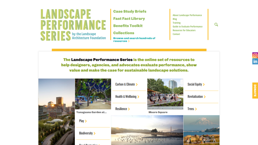 Landscape Performance Series homepage featuring resources for sustainable landscape solutions.
