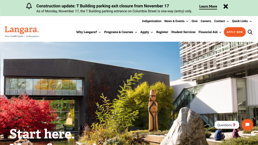 Langara College homepage with navigation links and a welcoming outdoor campus image featuring greenery and sculpture