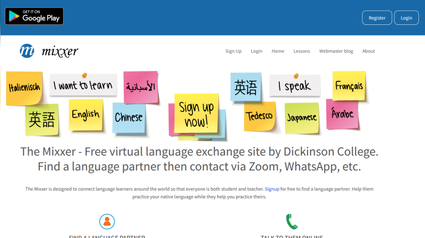 Mixxer language exchange site homepage offering free virtual language partner connections via Zoom and WhatsApp.