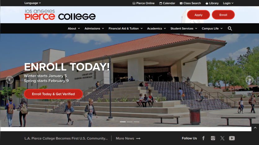 Los Angeles Pierce College homepage with enrollment call to action and campus image