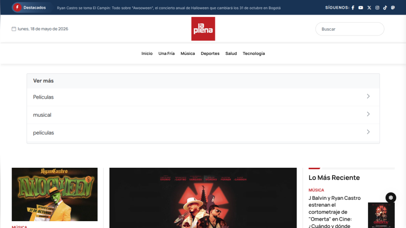 Homepage of a music site featuring navigation links and recent articles.