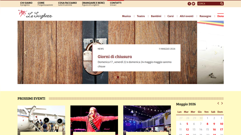 Homepage featuring events and announcements with a prominent image and calendar.