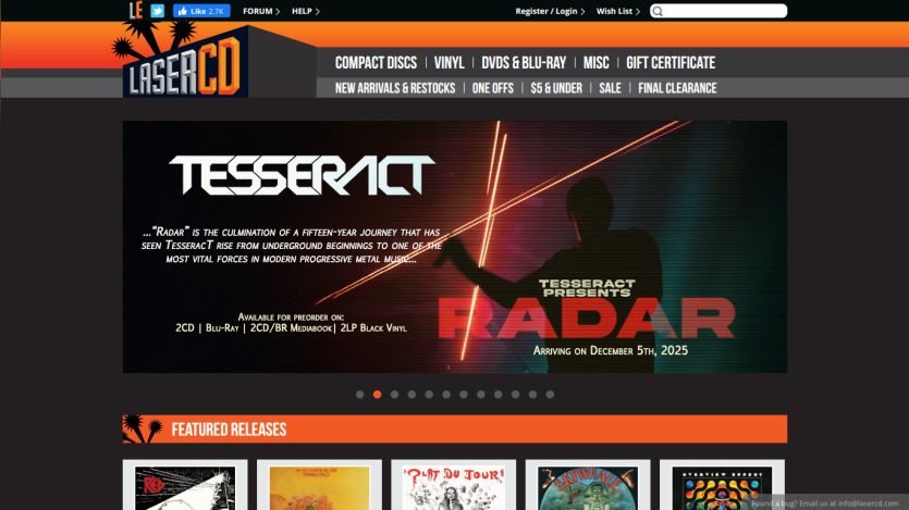 LaserCD website homepage with navigation and hero section promoting Tesseract's Radar album preorder arriving December 5, 2025