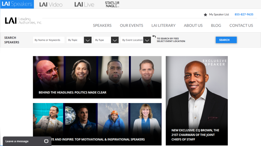 Leading Authorities website with speaker search filters and featured speakers including CQ Brown, 21st Chairman of the Joint Chiefs of Staff