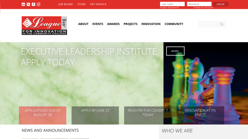 Homepage featuring the Executive Leadership Institute with a call to action to apply today.