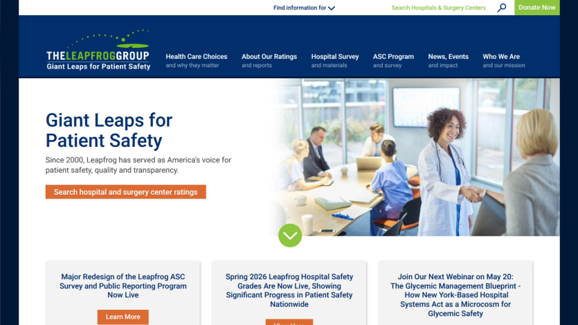 Homepage featuring 'Giant Leaps for Patient Safety' with navigation and hospital ratings.