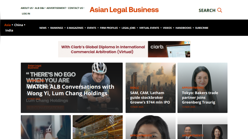 Asian Legal Business homepage with news articles on legal appointments, deals, and conversations