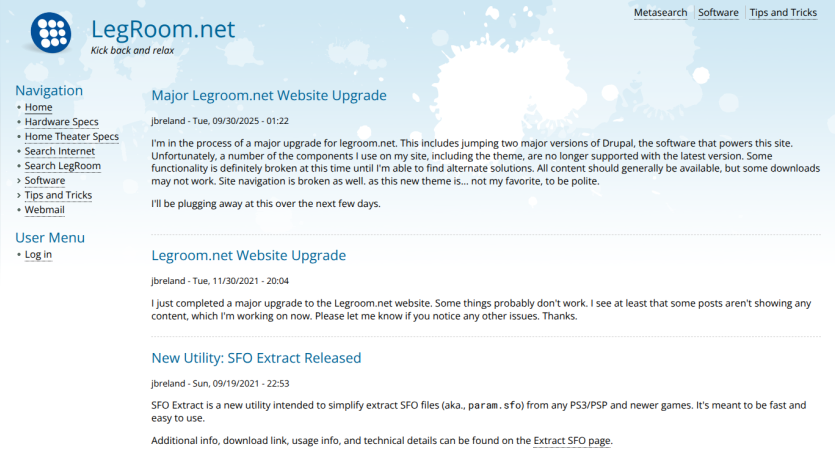 LegRoom.net homepage with navigation links and posts about website upgrades and new utility release