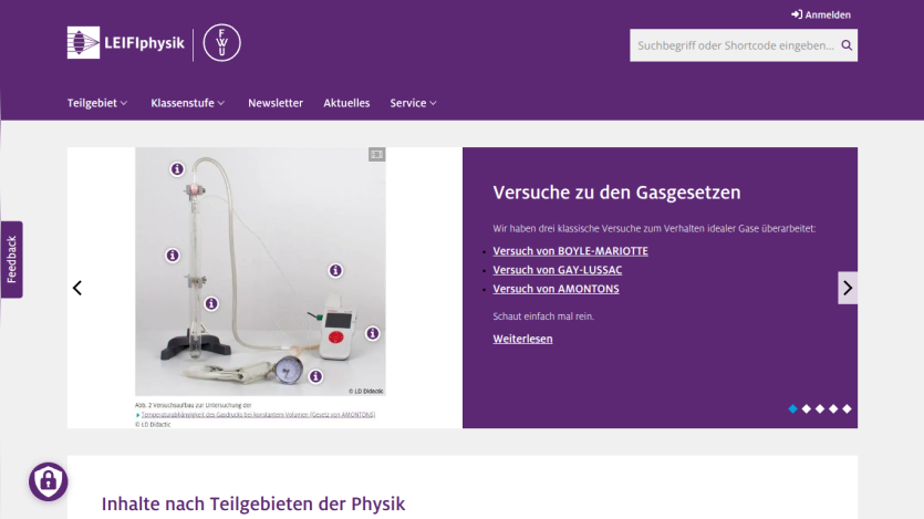 Educational website showcasing physics experiments with images and descriptions.