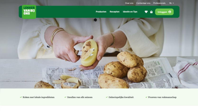 Website header with navigation and hero image of hands peeling potatoes on a table with text about local ingredients and quality