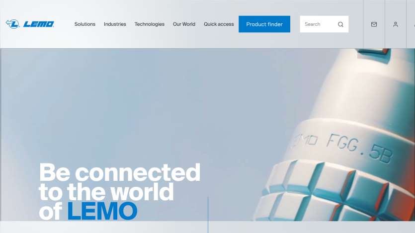 LEMO website with navigation menu and hero text 'Be connected to the world of LEMO'