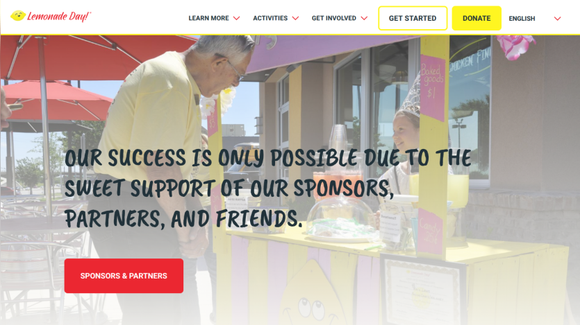 Lemonade Day website hero with a man and girl at a lemonade stand and text about support from sponsors and partners