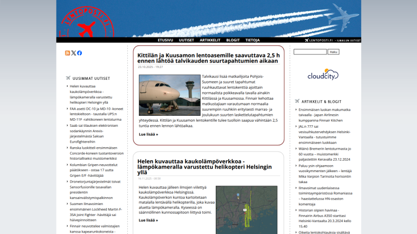 News website with aviation articles, headlines about Kittilä and Kuusamo airports, and thermal camera helicopter in Helsinki