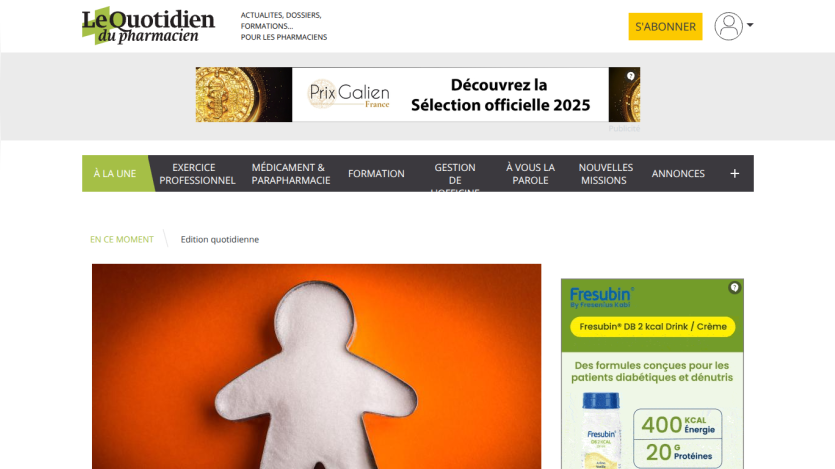 Le Quotidien du Pharmacien homepage with news sections and an article image of a gingerbread man shape on orange background