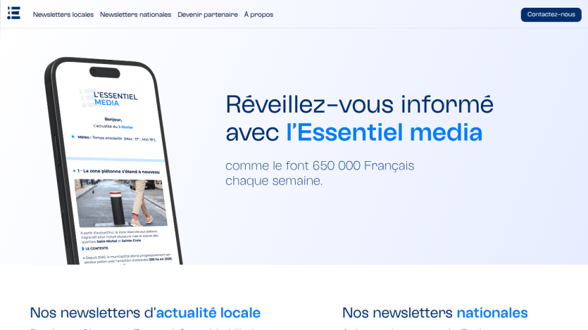 Homepage promoting l'Essentiel media newsletter with 650,000 French subscribers and local and national newsletter options